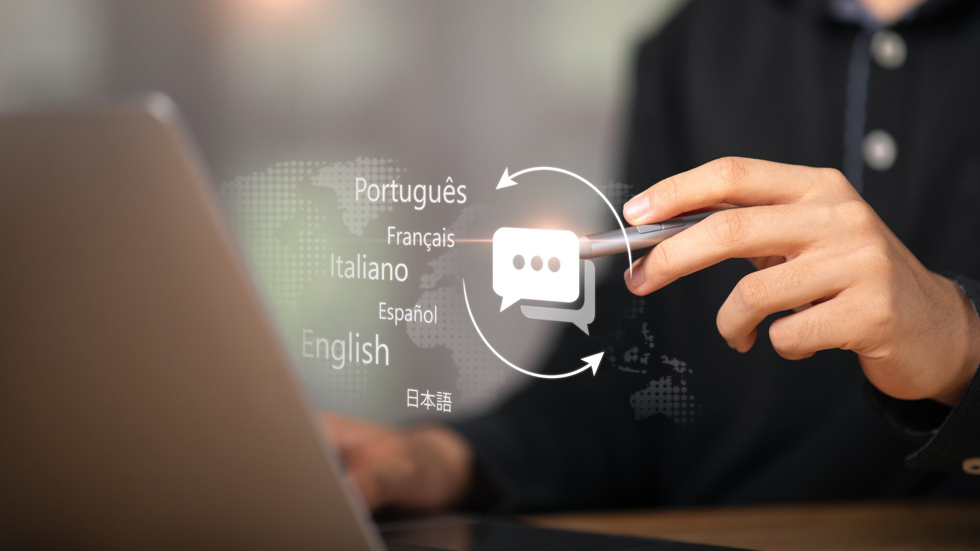 Concept of language translation application technology ,speaking different languages around world ,Online translation service ,Application of AI technology ,Translator ,Foreign language courses When to use MTPE